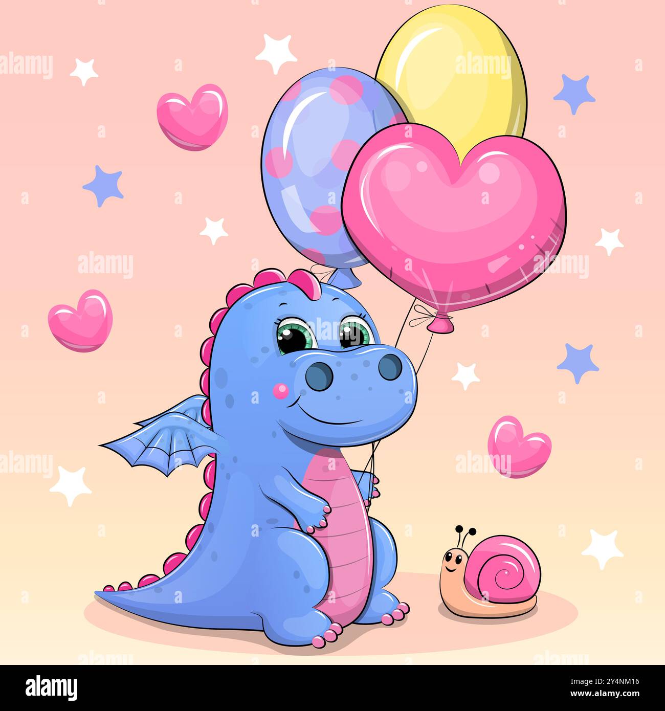 Dragon bleu de dessin animé mignon avec des ballons et escargot. Illustration vectorielle d'un animal sur un fond rose avec des coeurs et des étoiles. Illustration de Vecteur