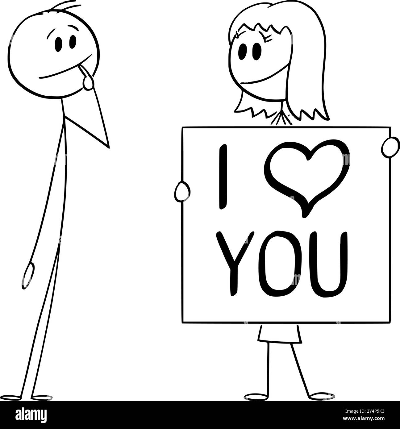 Femme tenant I Love You signe et regardant l'homme, figure de bâton de dessin animé vectoriel ou illustration de personnage. Illustration de Vecteur