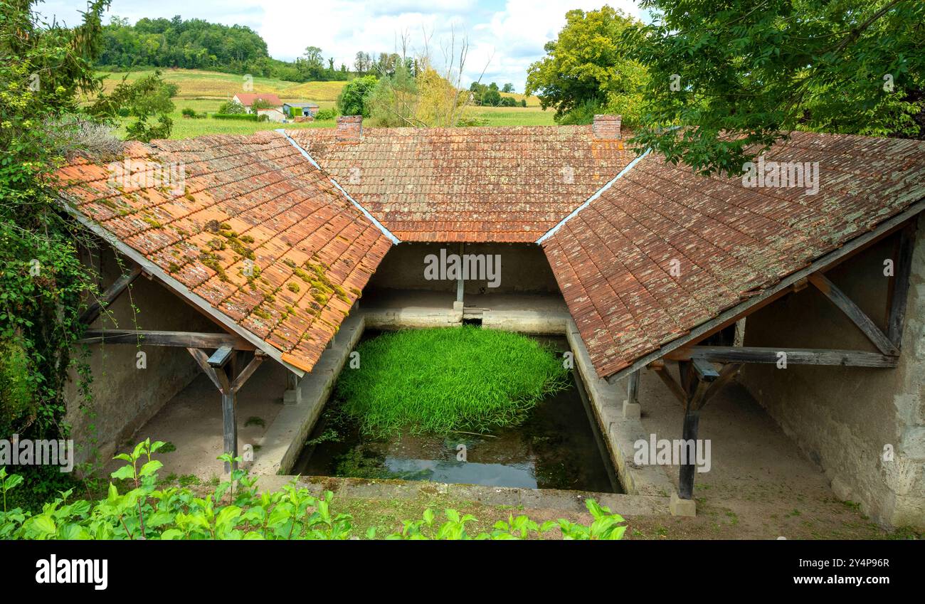 Le lavoir de Montaigu-le-Blin dispose d'un bassin herbeux, Allier. Auvergne-Rhône-Alpes, France. Banque D'Images