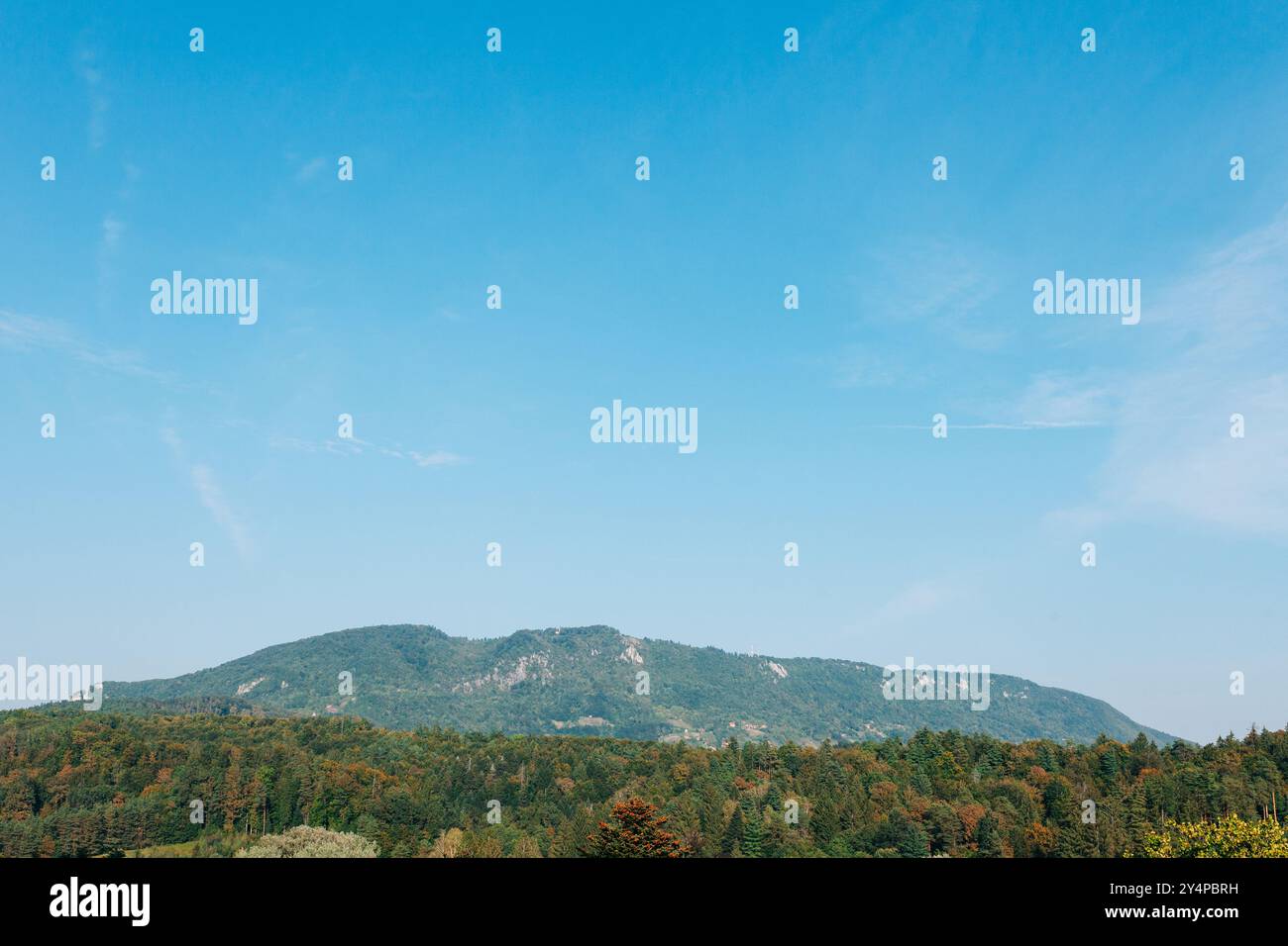 Collines verdoyantes dans la distance sur une journée ensoleillée brillante avec un ciel bleu Banque D'Images