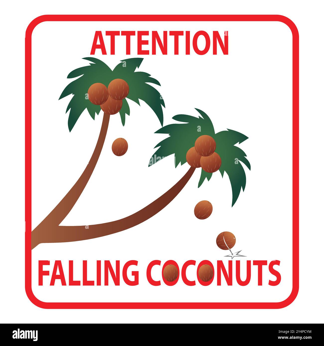 Attention, panneau d'avertissement de noix de coco tombant dans un rectangle rouge Illustration de Vecteur