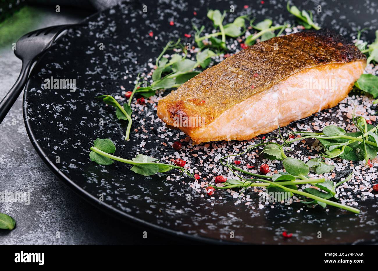 Steak de saumon rôti sur assiette noire Banque D'Images