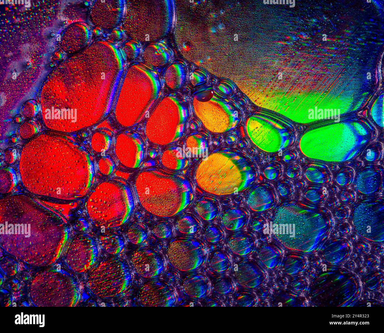 Une photo macro montrant des motifs et des couleurs de gouttes d'huile flottant sur l'eau Banque D'Images