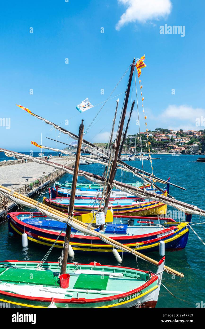 Collioure, France - 17 juin 2024 : bateaux de pêche colorés dans le port de Collioure ou Cotlliure, village de pêcheurs en France Banque D'Images