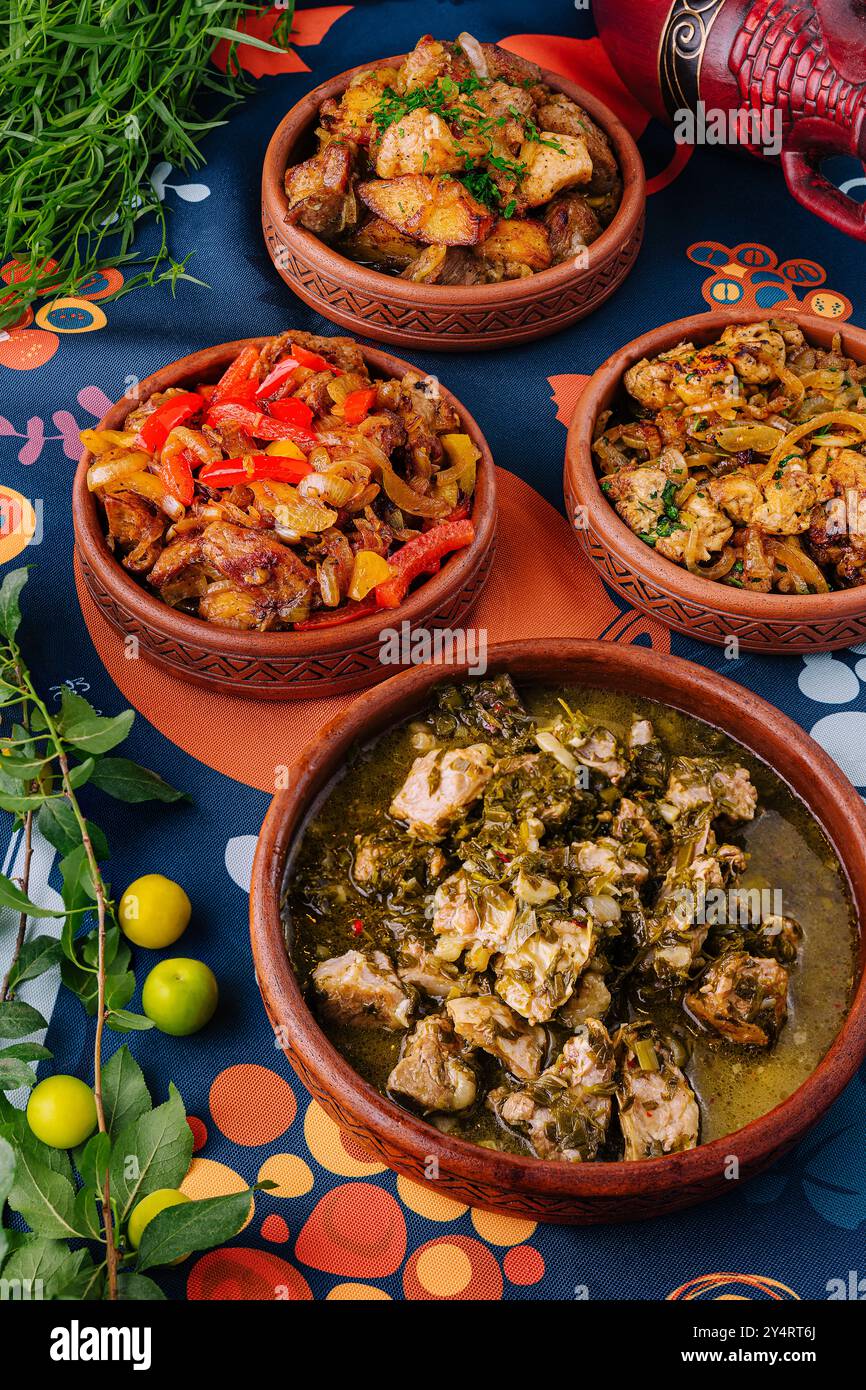 Cuisine africaine colorée avec une variété de ragoûts épicés dans des pots en terre cuite, garnis d'herbes Banque D'Images