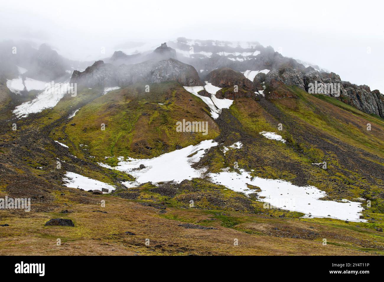 Vue du cap Flora sur l'île Northbrook dans la terre de Franz Josef, Russie, océan Arctique. Banque D'Images