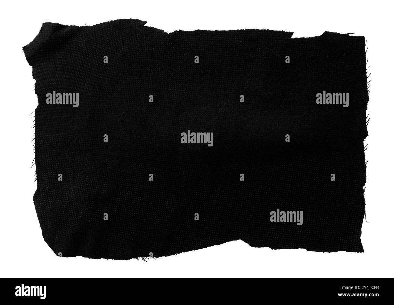 Un morceau de tissu noir déchiré sur un fond blanc. Isolat textile Banque D'Images