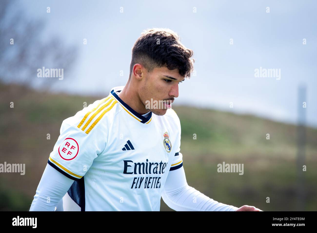 Madrid, Espagne. 10 février 2024. Liga División de Honor Juvenil. Real Madrid vs Sansebastián de los Reyes. Youssef Enriquez 'Yusi' pendant le match Banque D'Images