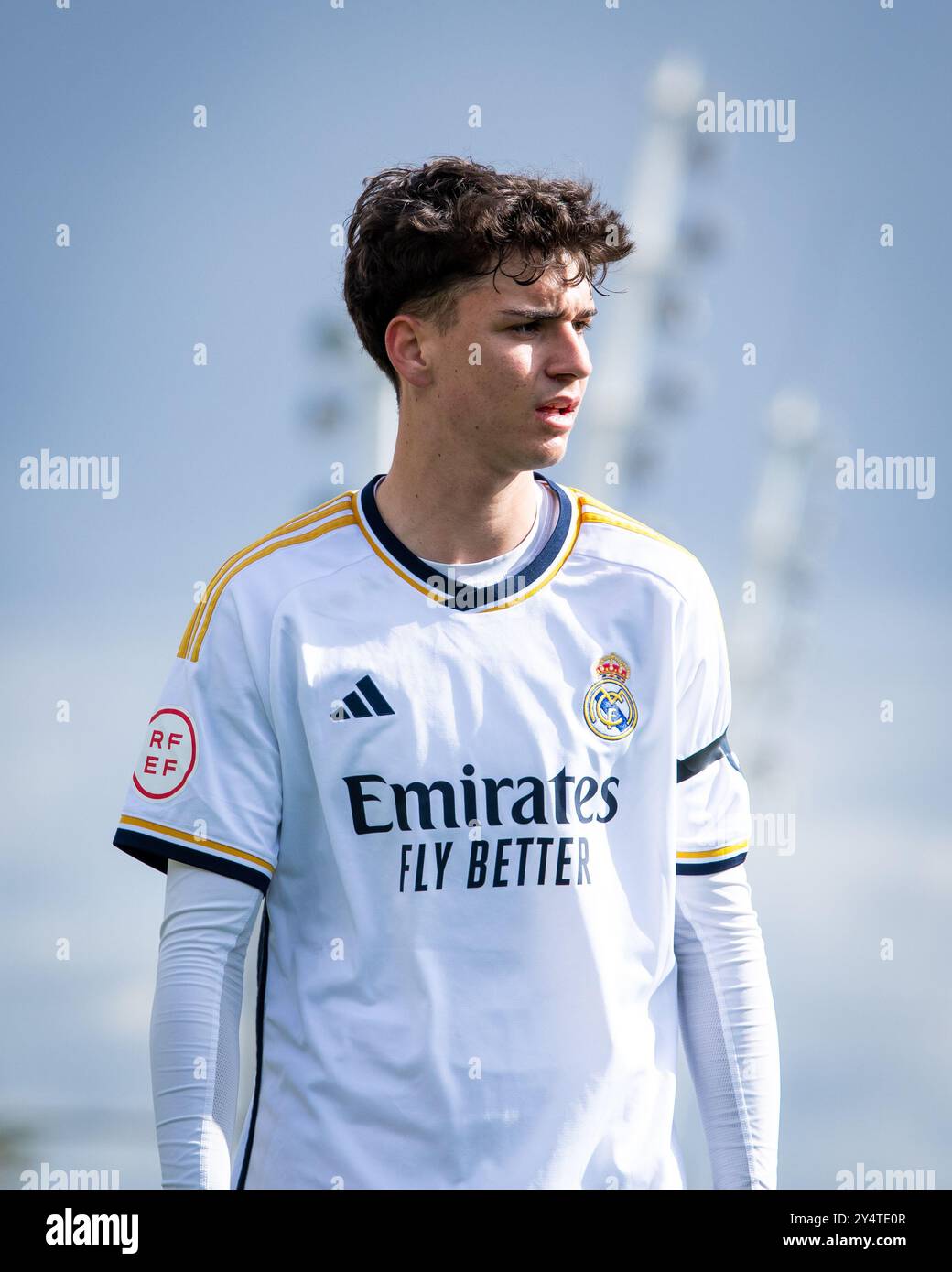 Madrid, Espagne. 10 février 2024. Liga División de Honor Juvenil. Real Madrid vs Sansebastián de los Reyes. Portrait de Hugo de Llanos pendant le match Banque D'Images