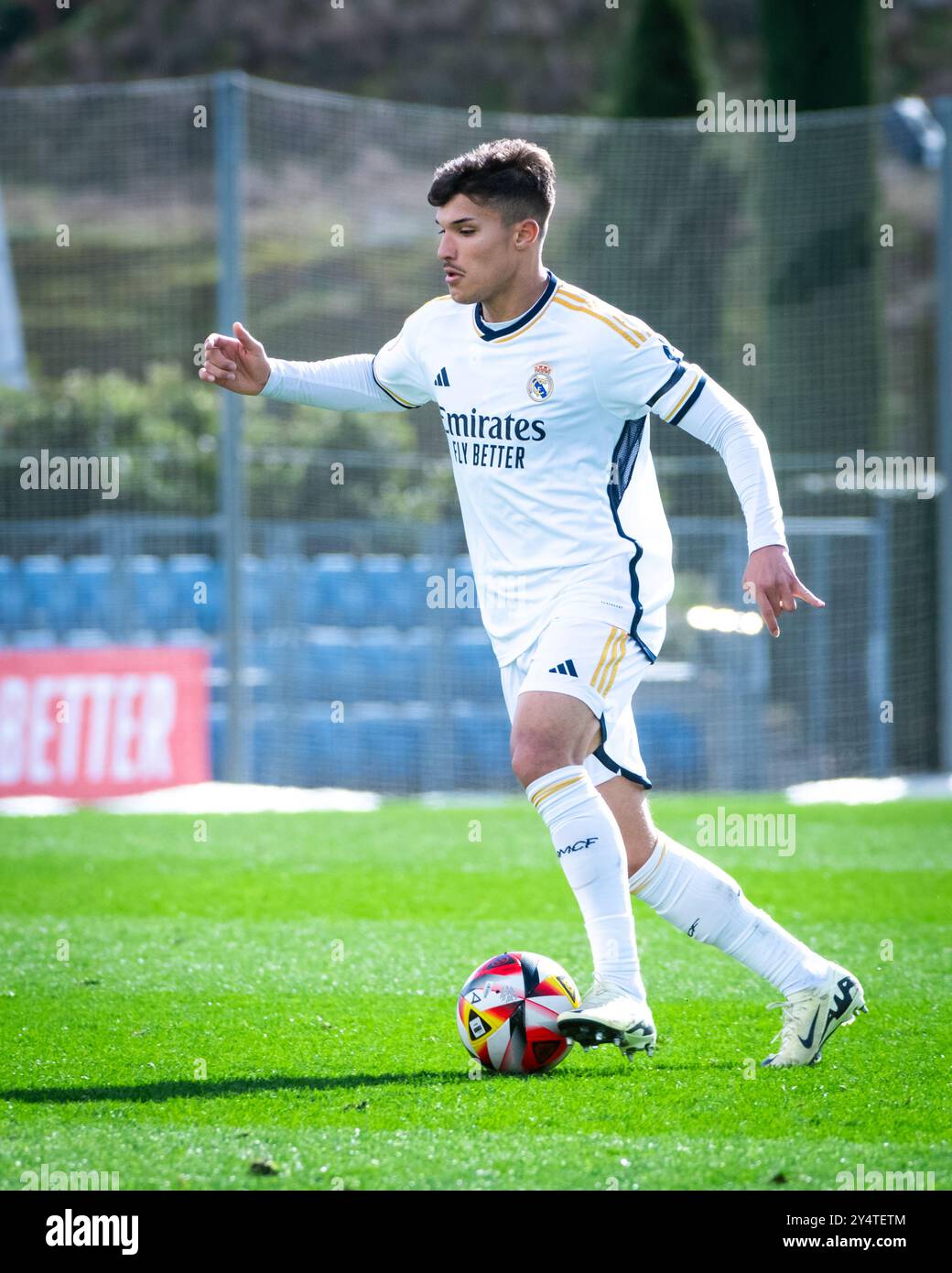 Madrid, Espagne. 10 février 2024. Liga División de Honor Juvenil. Real Madrid vs Sansebastián de los Reyes. Youssef Enriquez 'Yusi' pendant le match Banque D'Images