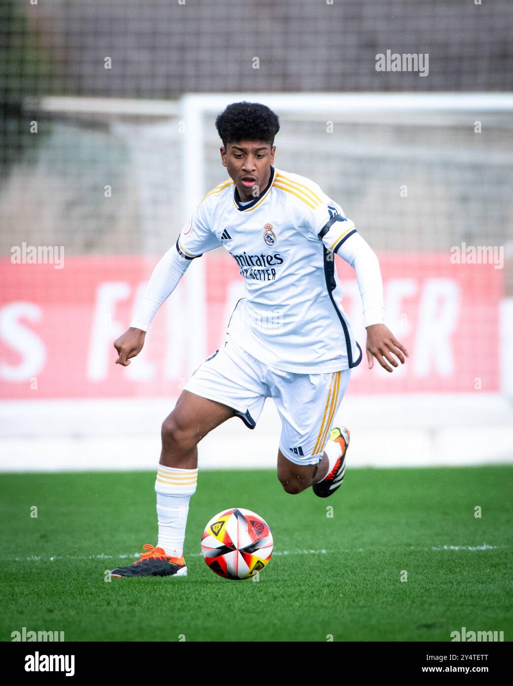 Madrid, Espagne. 10 février 2024. Liga División de Honor Juvenil. Real Madrid vs Sansebastián de los Reyes. Christian David pendant le match Banque D'Images