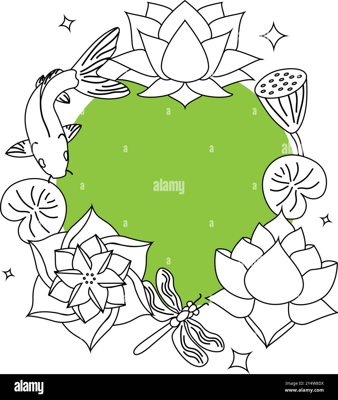 Dessin vectoriel d'art au trait de fleur de lotus sur feuille de lotus avec cadre de fleur de lotus Illustration de Vecteur