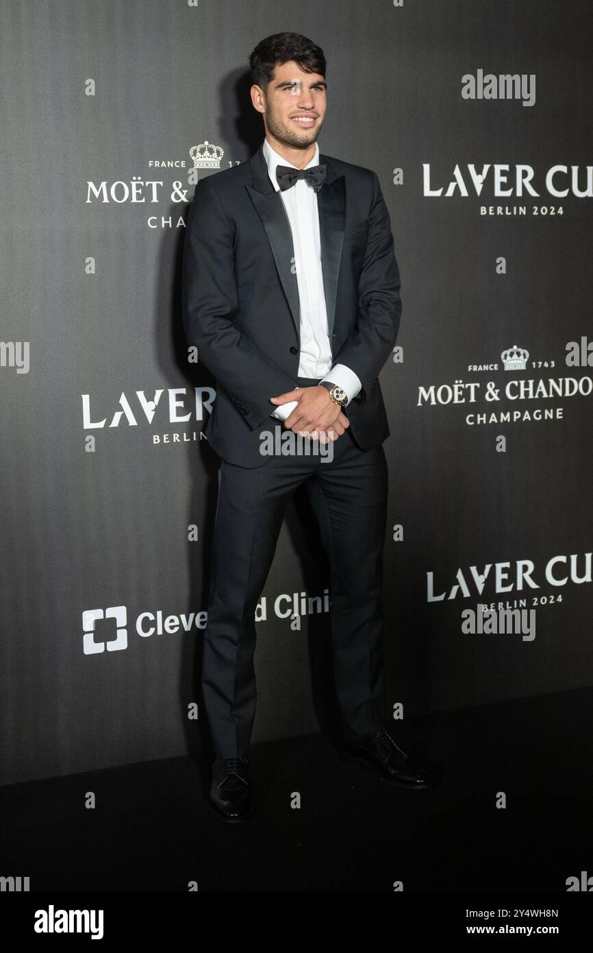 Berlin, Allemagne. 19 septembre 2024. Carlos Alcaraz, joueur de tennis espagnol, vient à la soirée d’ouverture du tournoi laver Cup. Crédit : Christophe Gateau/dpa/Alamy Live News Banque D'Images