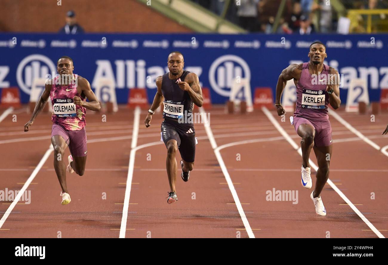 Christian Coleman, Akani Simbine et Fred Kerley en compétition au 100m masculin lors de la finale d’athlétisme de la Memorial Van Damme Diamond League au King Baudo Banque D'Images