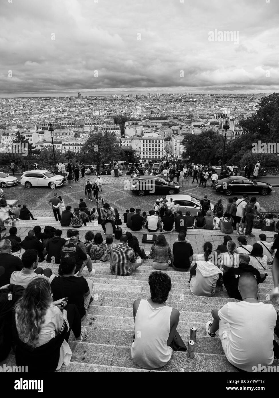 Paysage de Paris noir et blanc, vue sur Paris et marches du Sacré coeur, Montmartre, Paris, Europe, UE. Banque D'Images