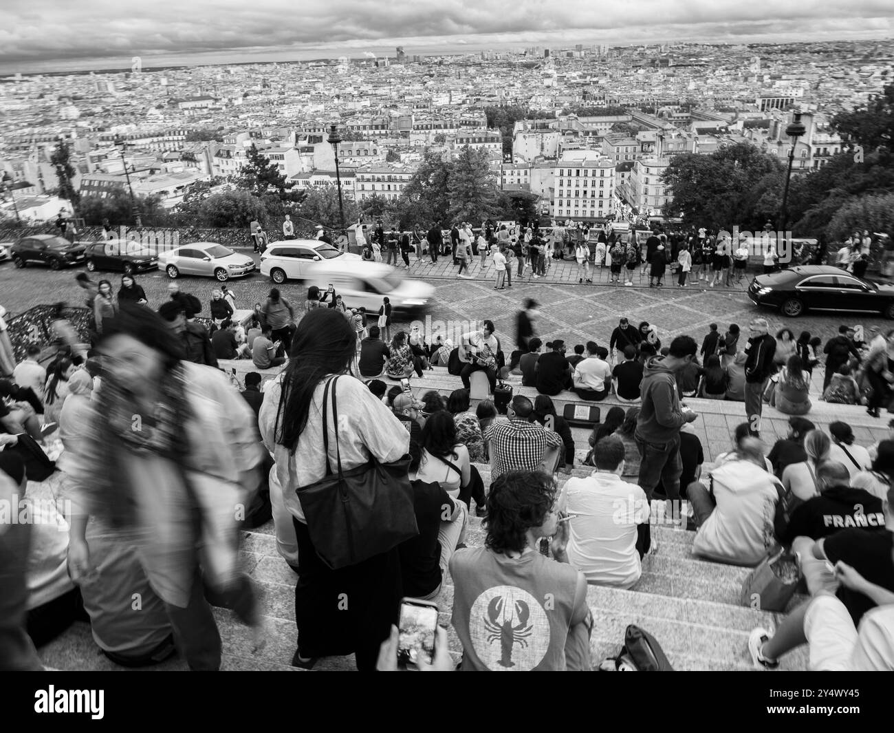 Paysage de Paris noir et blanc, vue sur Paris et marches du Sacré coeur, Montmartre, Paris, Europe, UE. Banque D'Images