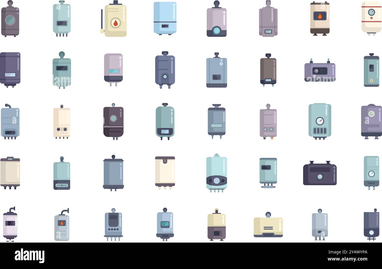 Grande collection de diverses chaudières de style moderne et rétro pour tous les besoins, travaillant sur différents types de carburant Illustration de Vecteur