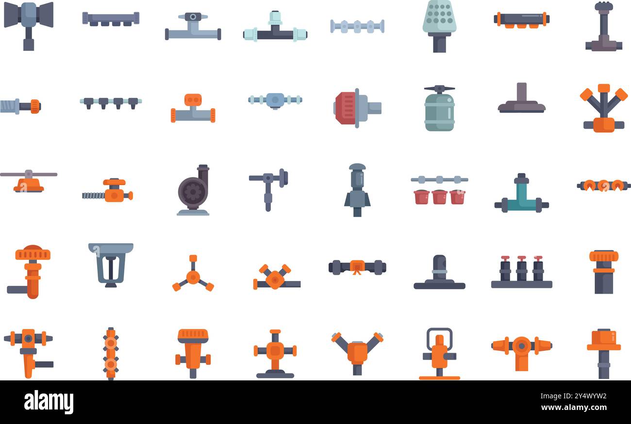 Ensemble d'éléments de plomberie montrant différents tuyaux de raccordement et vannes pour le système d'approvisionnement en eau, la construction de pipelines, l'ingénierie sanitaire, la rénovation de la maison Illustration de Vecteur