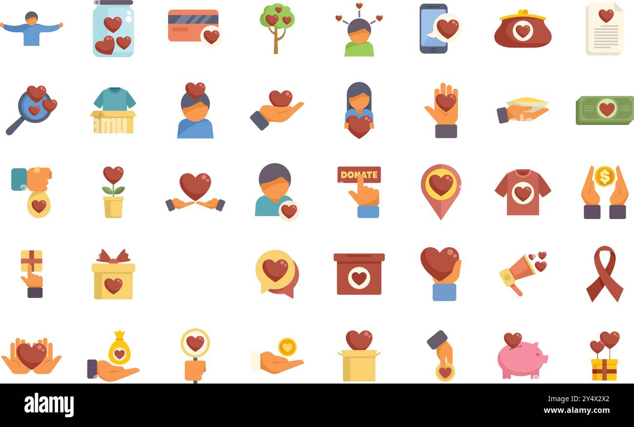 Ensemble d'icônes plates représentant la charité, le don, le bénévolat et la philanthropie Illustration de Vecteur