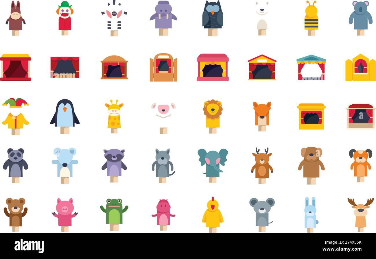 Collection colorée de marionnettes représentant divers animaux et personnages, ainsi que différentes scènes de spectacle de marionnettes, apportant joie et divertissement Illustration de Vecteur