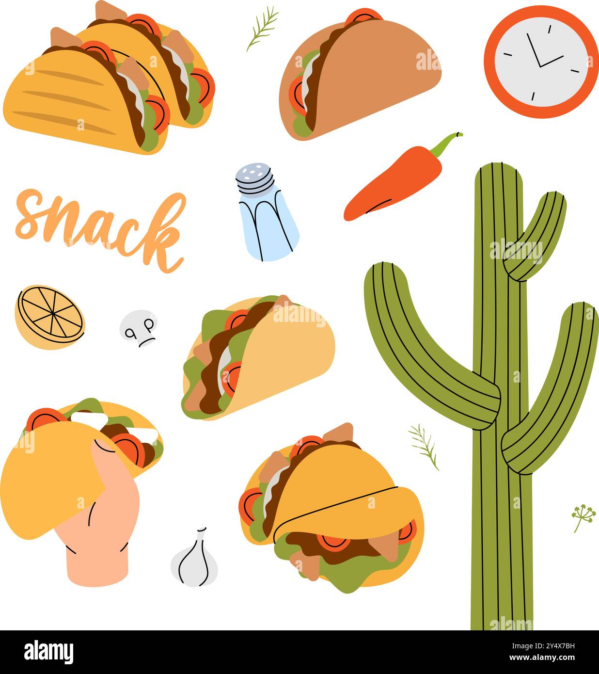Set de tacos. En-cas à emporter. Éléments dessinés à la main pour le menu de café, restaurants. Cuisine mexicaine cuisine restaurant. Illustration vectorielle Illustration de Vecteur