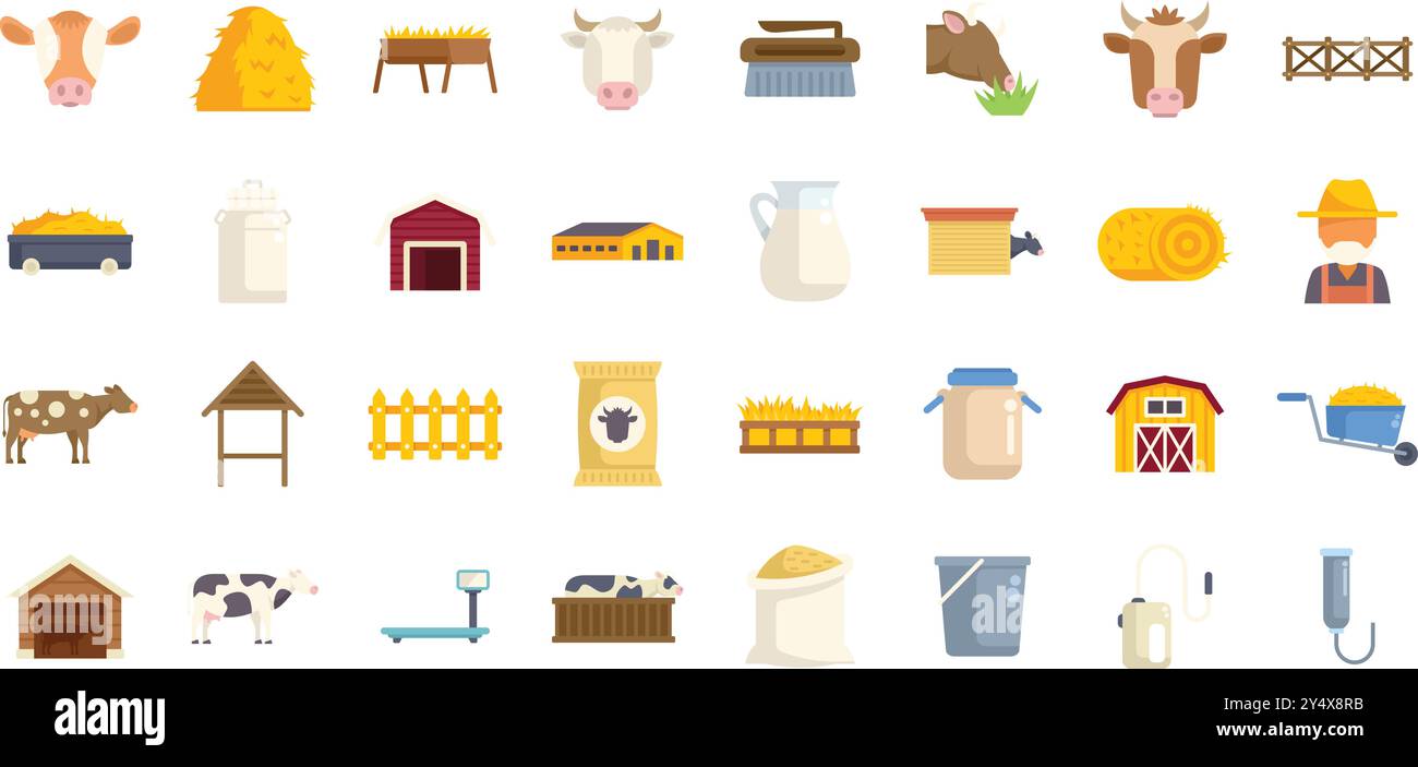 Cet ensemble d'icônes représente divers aspects de l'élevage de vaches, des soins du bétail à la transformation des produits laitiers Illustration de Vecteur