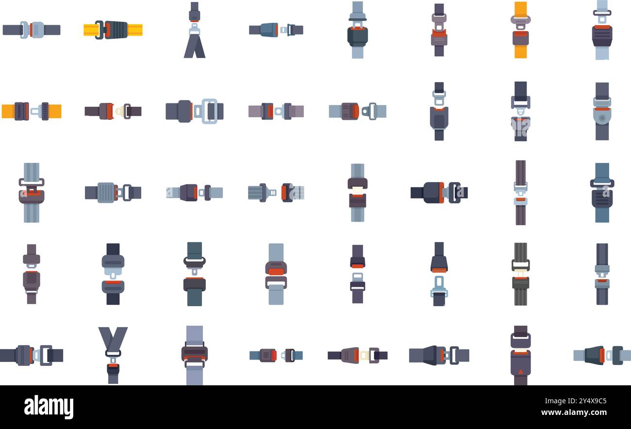 Grand ensemble de ceintures de sécurité différentes pour la conduite de sécurité en voiture ou en avion assurant la sécurité et la protection des passagers en cas d'accident Illustration de Vecteur