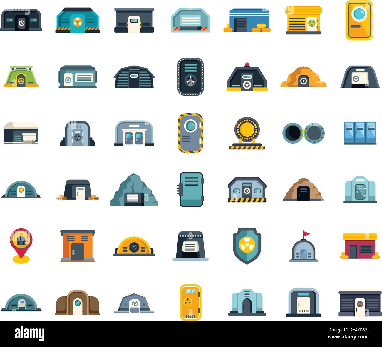 Grand ensemble d'icônes de bunker dans le style plat montrant différents types d'abris pour la protection et la sécurité pendant la guerre ou la catastrophe Illustration de Vecteur