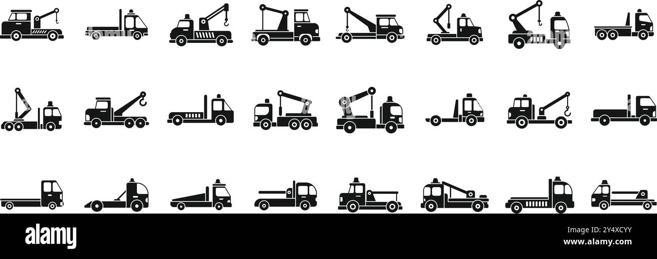 Icônes de dépanneuse de secours définies. L'évacuation de la dépanneuse transporte l'icône de voitures cassées dans un style simple Illustration de Vecteur