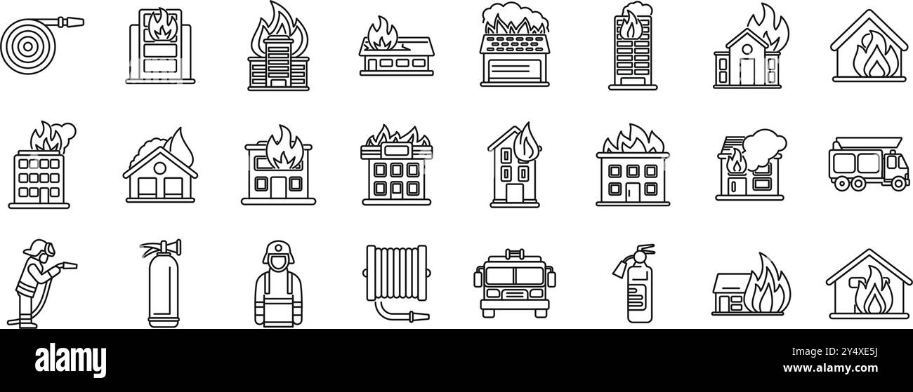 Jeu d'icônes de bâtiment gravées. Pompier extincteur d'incendie avec extincteur protégeant le bâtiment de brûler en aval de la ligne jeu d'icônes, adapté à tout projet Web, d'impression, d'éducation ou de présentation Illustration de Vecteur