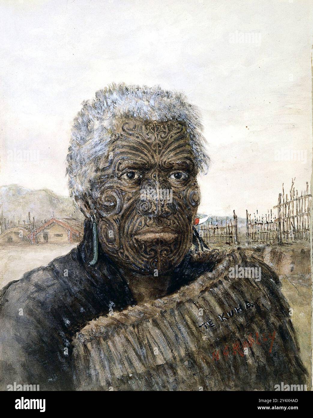 Aquarelle guerrier maori et sculpteur te Kuha par Horatio Gordon Robley, vers 1865 Banque D'Images