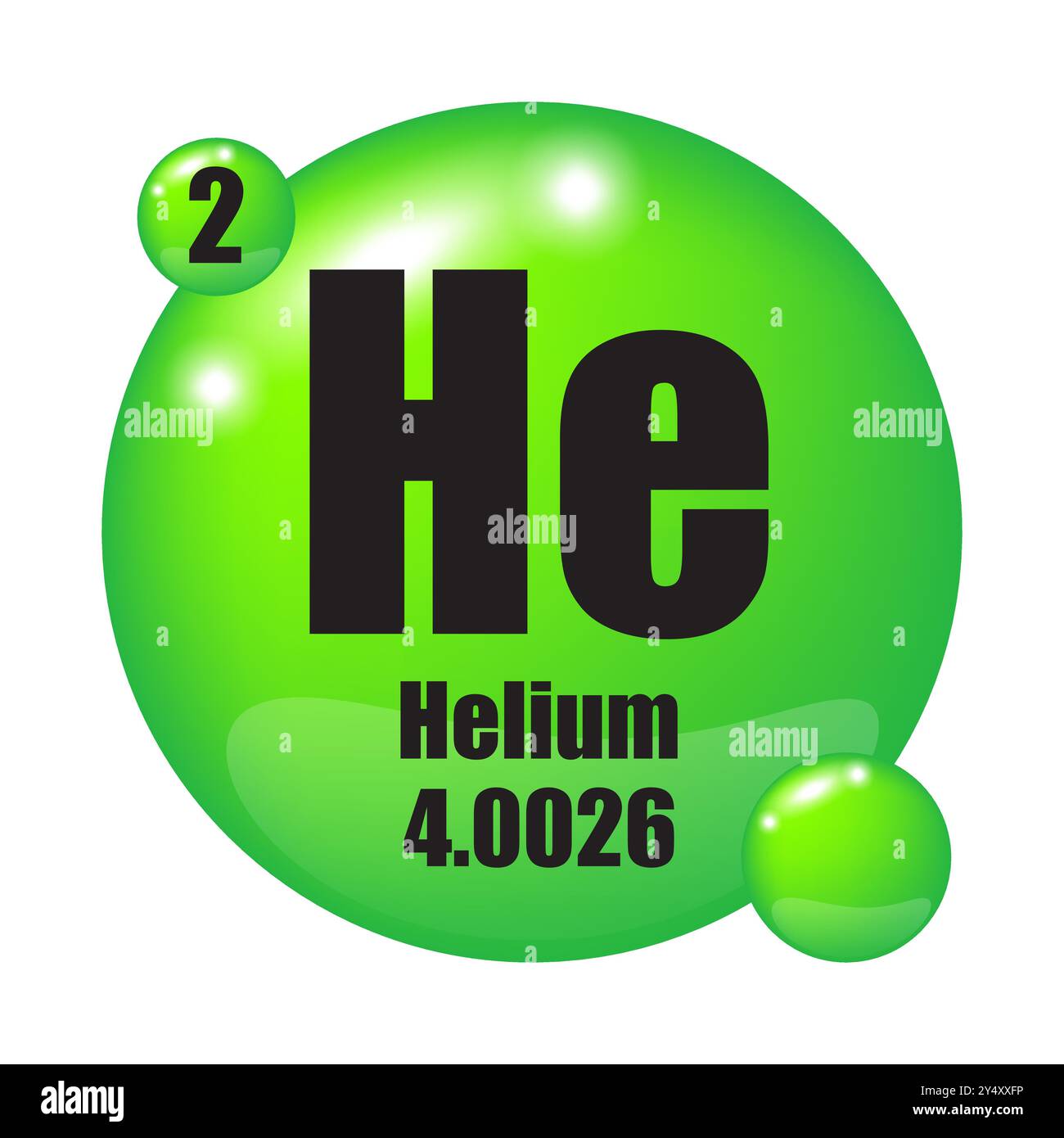 Icône de l'élément hélium. Numéro atomique deux. Symbole du tableau périodique. Fond vert brillant. Illustration de Vecteur