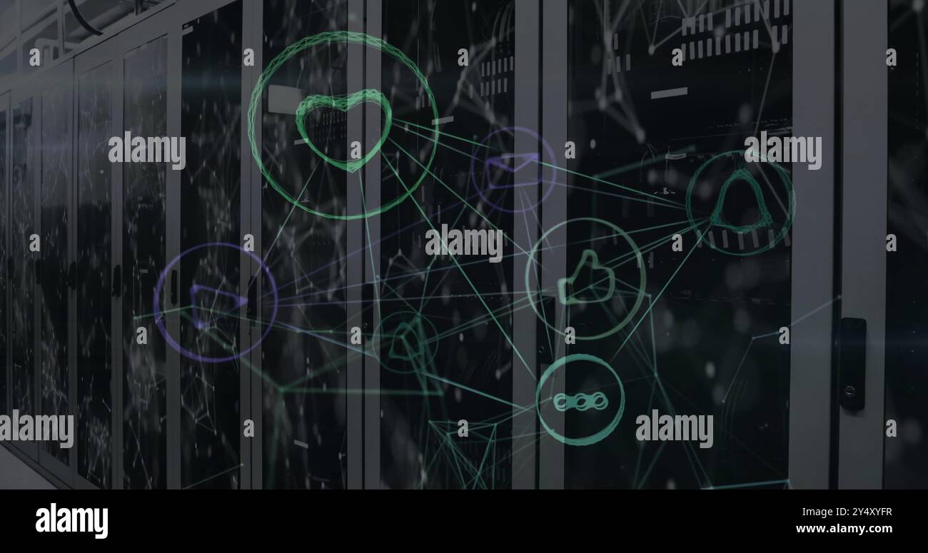 Image d'icônes numériques et de traitement de données sur des serveurs informatiques Banque D'Images