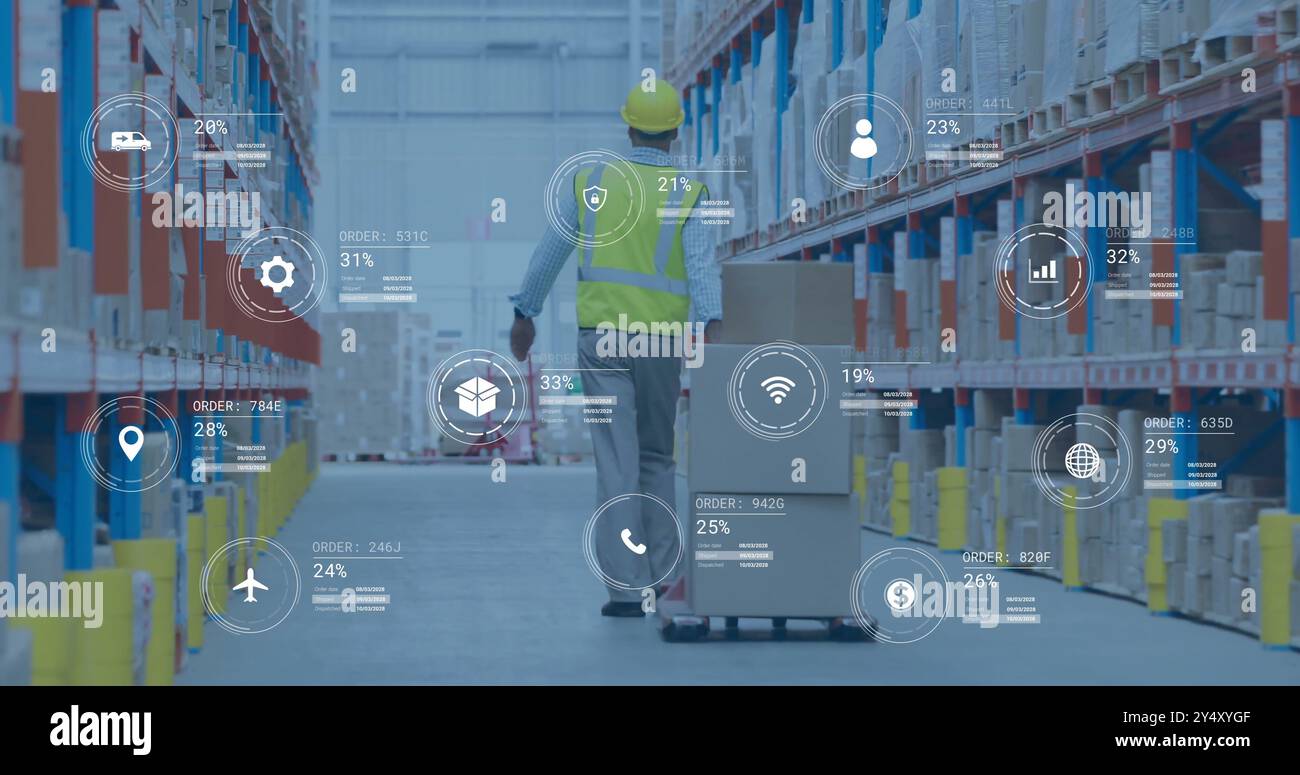 Image de traitement de données numériques sur un homme caucasien travaillant dans un entrepôt Banque D'Images