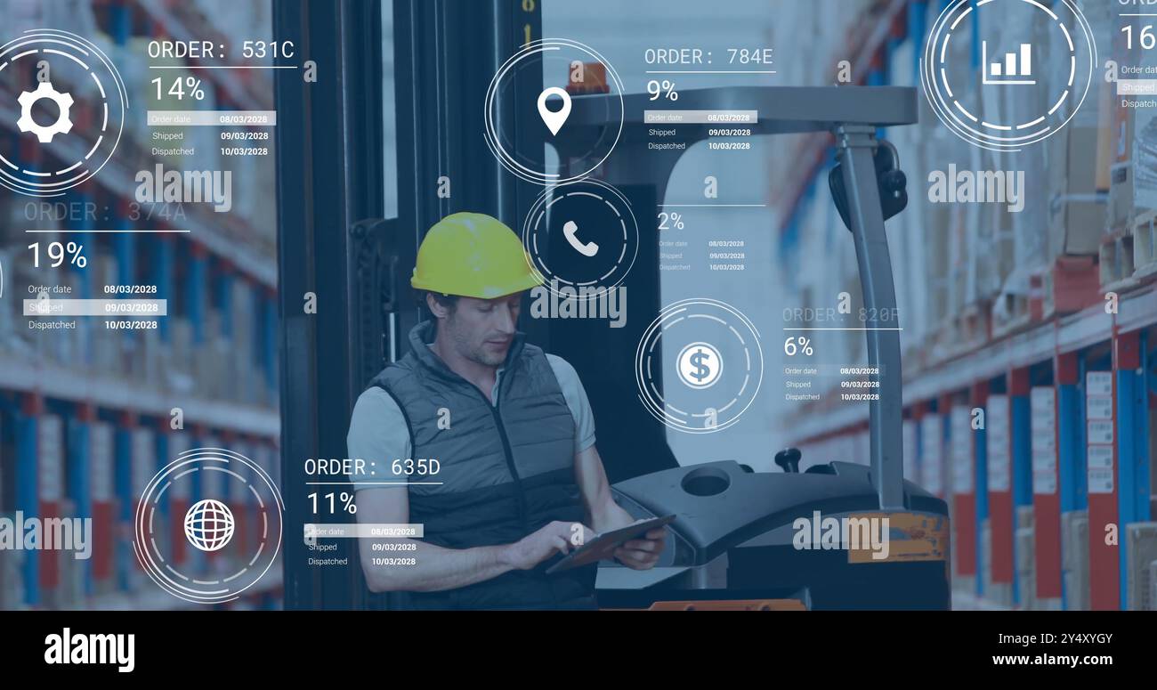 Image de traitement de données numériques sur un homme caucasien travaillant dans un entrepôt Banque D'Images