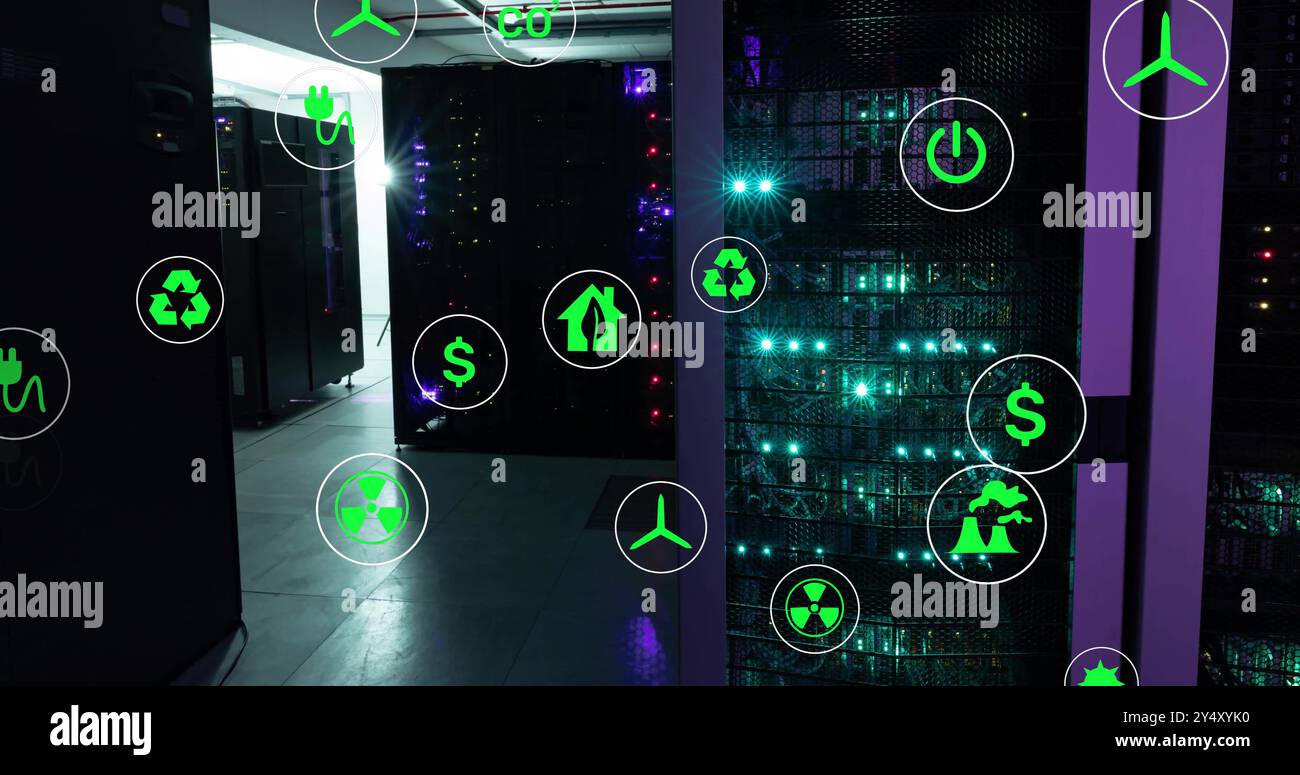 Image des icônes écologiques et du traitement des données sur des serveurs informatiques Banque D'Images