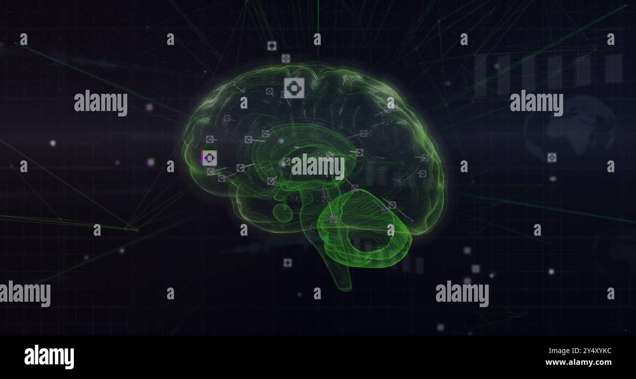 Image du cerveau avec réseau de connexions et de traitement de données sur fond noir Banque D'Images