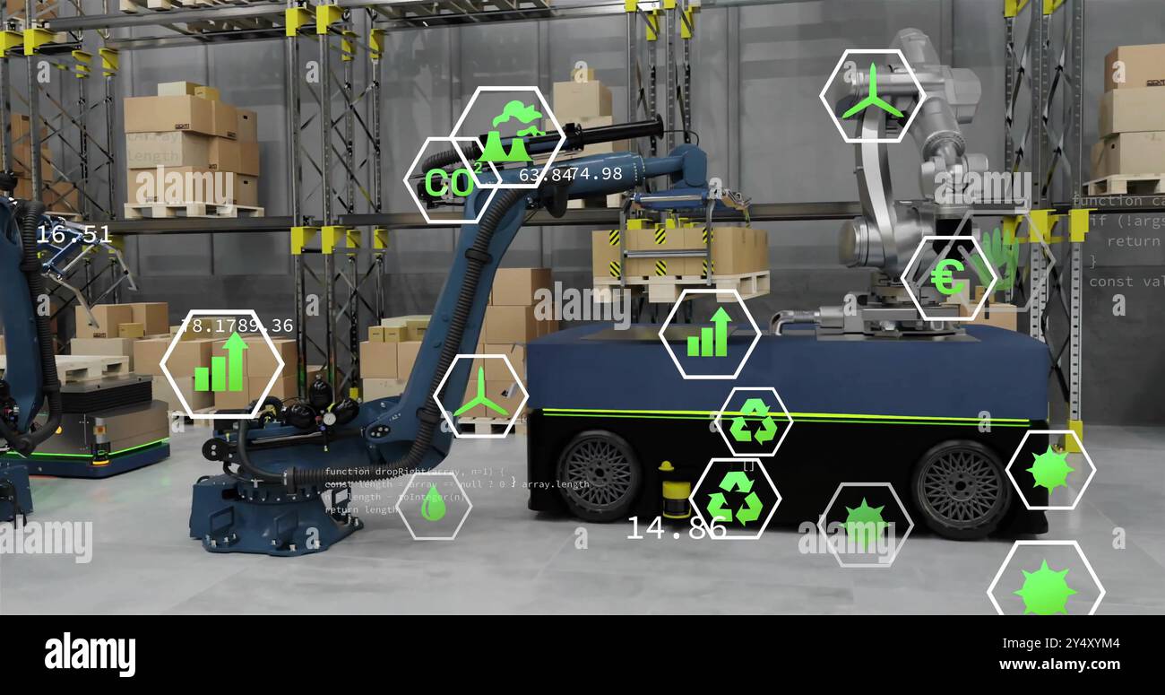 Image des icônes de traitement des données et d'écologie au-dessus de l'entrepôt Banque D'Images