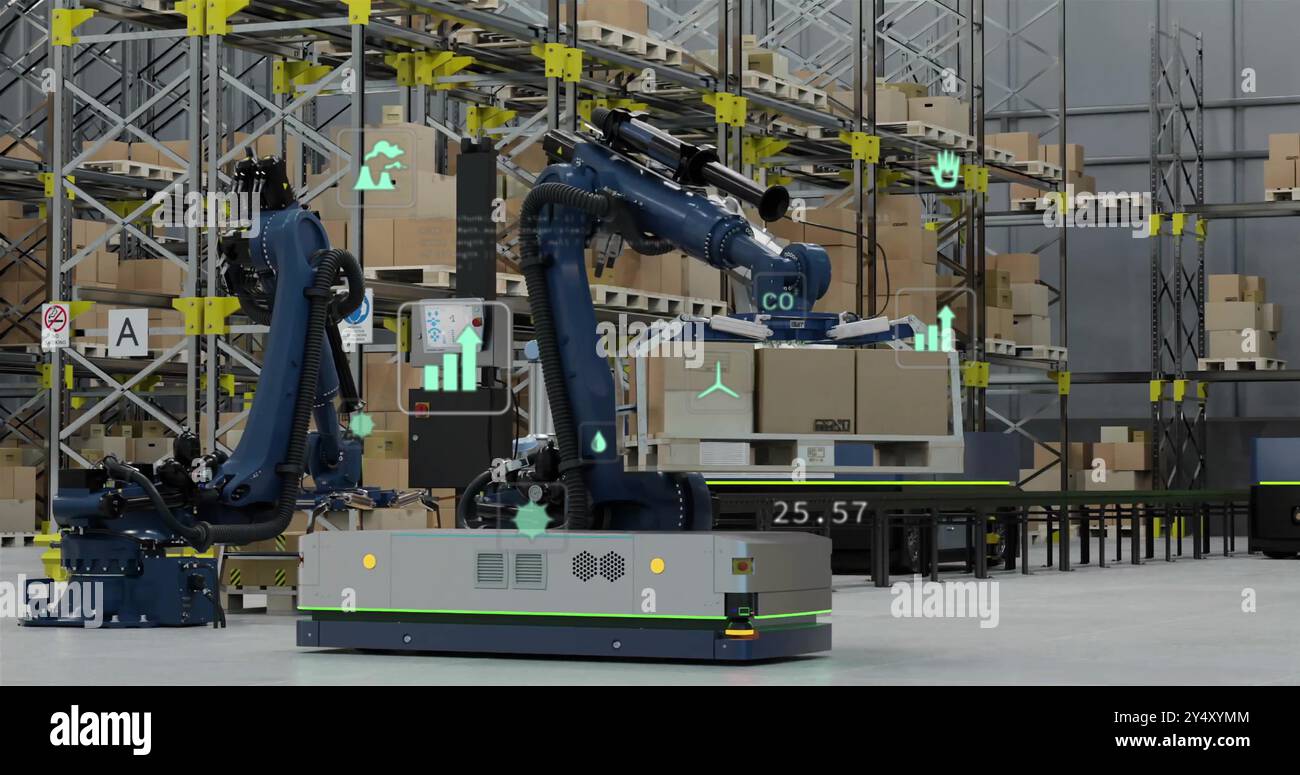 Image des icônes de traitement des données et d'écologie au-dessus de l'entrepôt Banque D'Images