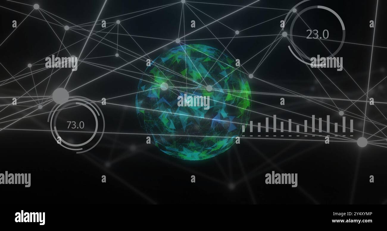 Image du réseau de connexions avec le traitement des données sur le globe sur fond noir Banque D'Images