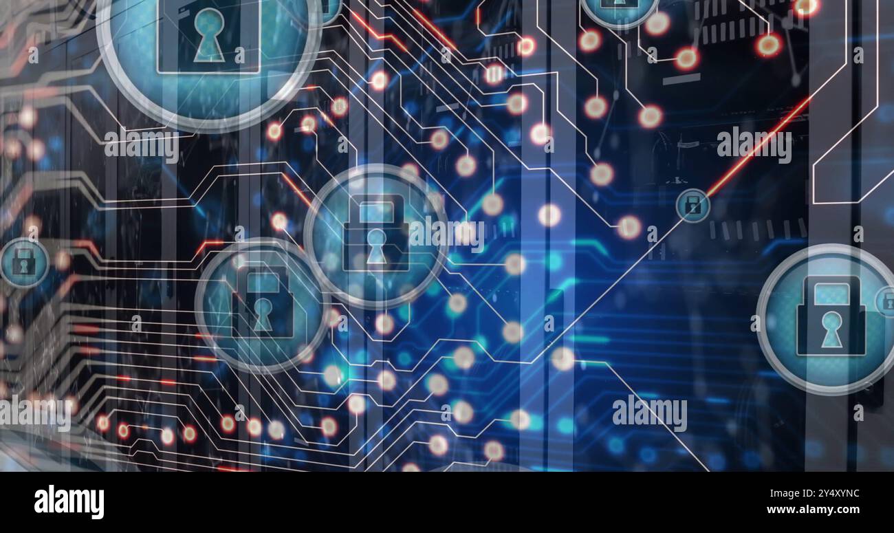 Image des icônes de cadenas et du traitement des données sur des serveurs informatiques Banque D'Images