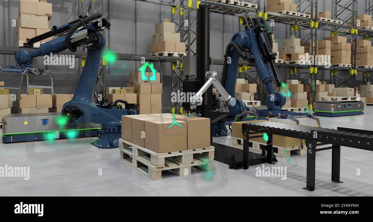 Image des icônes de traitement des données et d'écologie au-dessus de l'entrepôt Banque D'Images