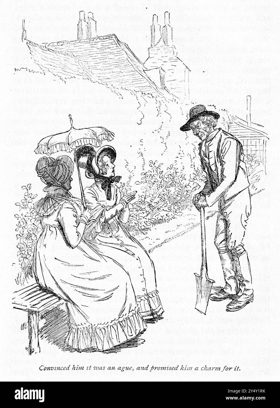 Gravure d'une scène du livre Mansfield Park de Jane Austen, édition 1926, illustrée par Hugh Thomson, deux femmes parlant à un homme appuyé sur sa bêche Banque D'Images