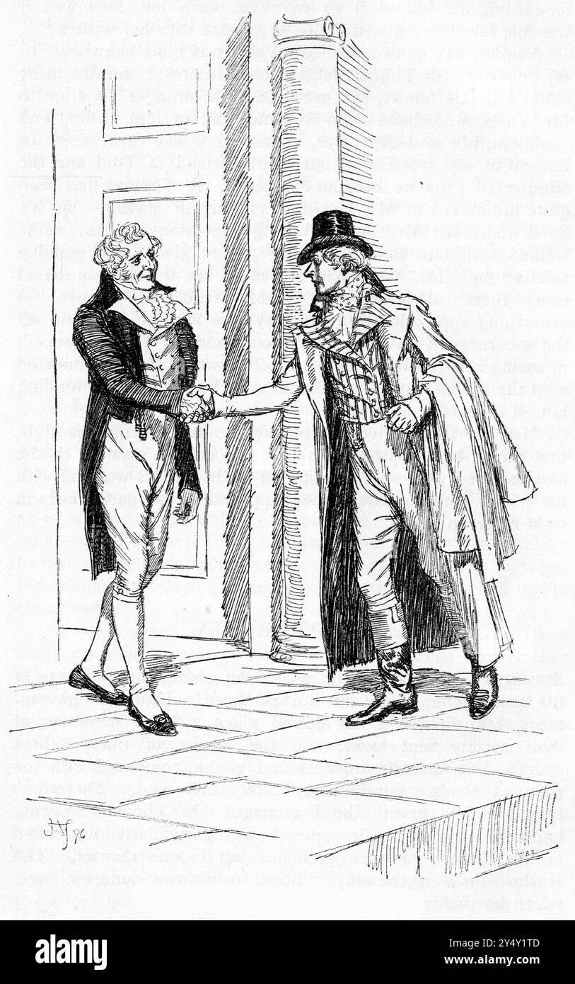 Gravure de deux hommes anglais habillés à la mode de la fin du XVIIIe siècle serrant la main Banque D'Images