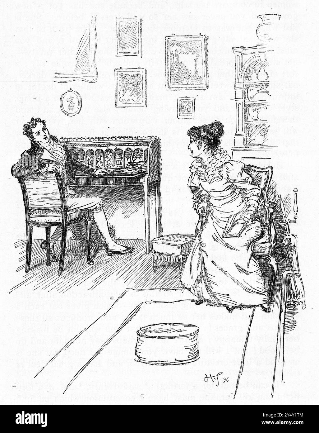 Gravure d'un couple anglais du XVIIIe siècle discutant de leur vie sociale Banque D'Images