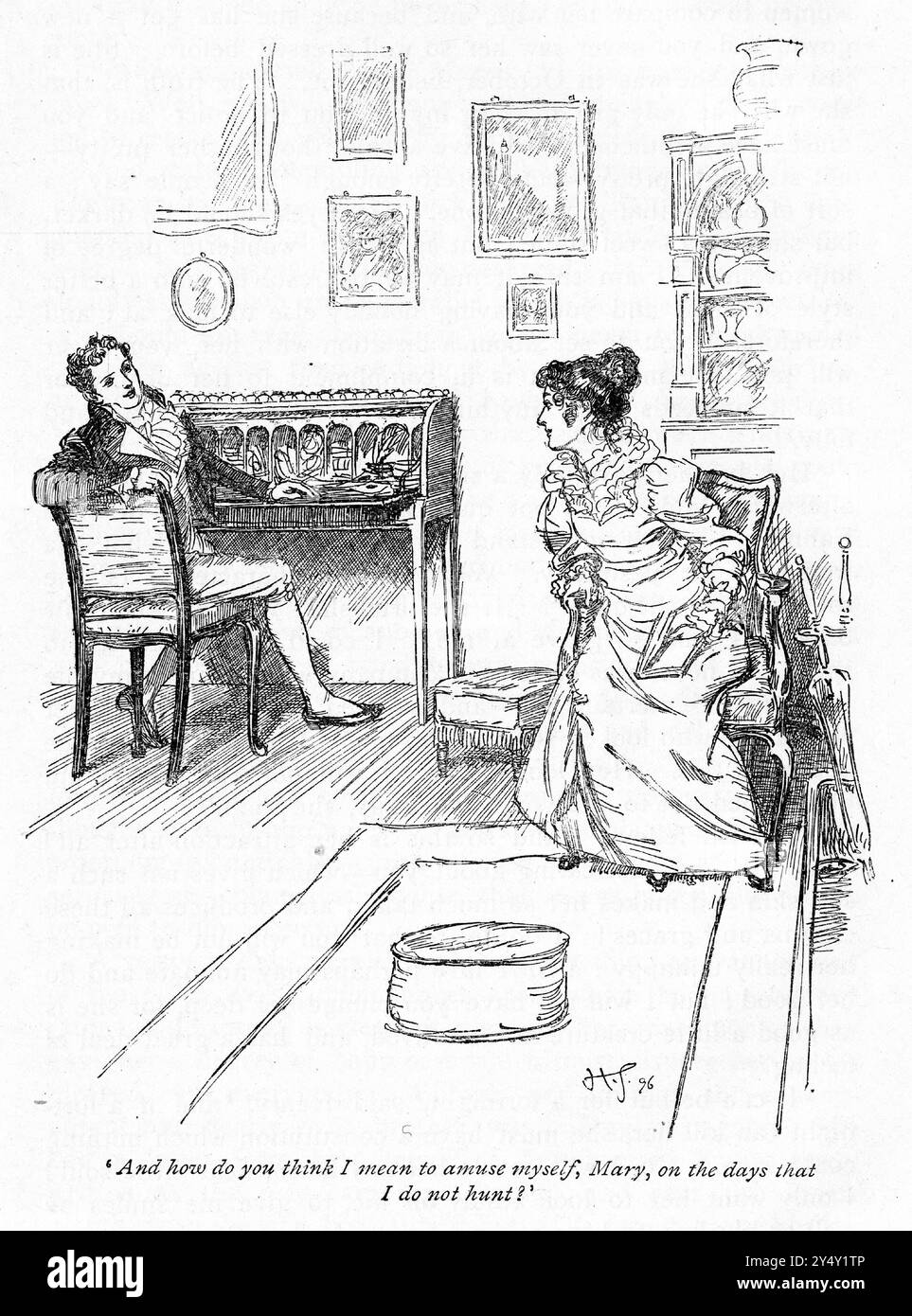 Gravure d'une scène du livre Mansfield Park de Jane Austen, édition 1926, illustrée par Hugh Thomson, montrant un couple discutant de leur vie sociale Banque D'Images