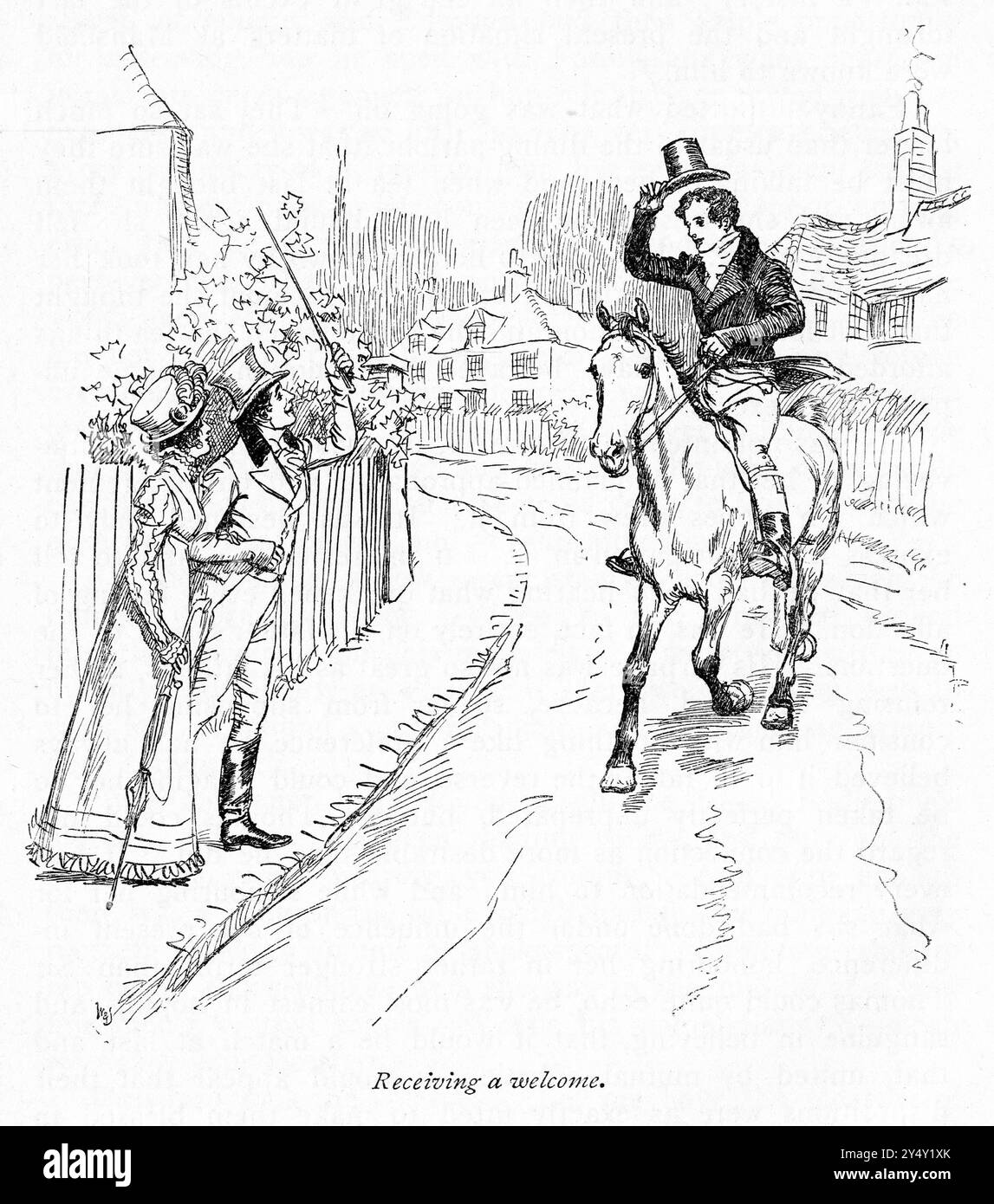 Gravure d'une scène du livre Mansfield Park de Jane Austen, édition 1926, illustrée par Hugh Thomson, montrant des personnages accueillis dans la rue Banque D'Images