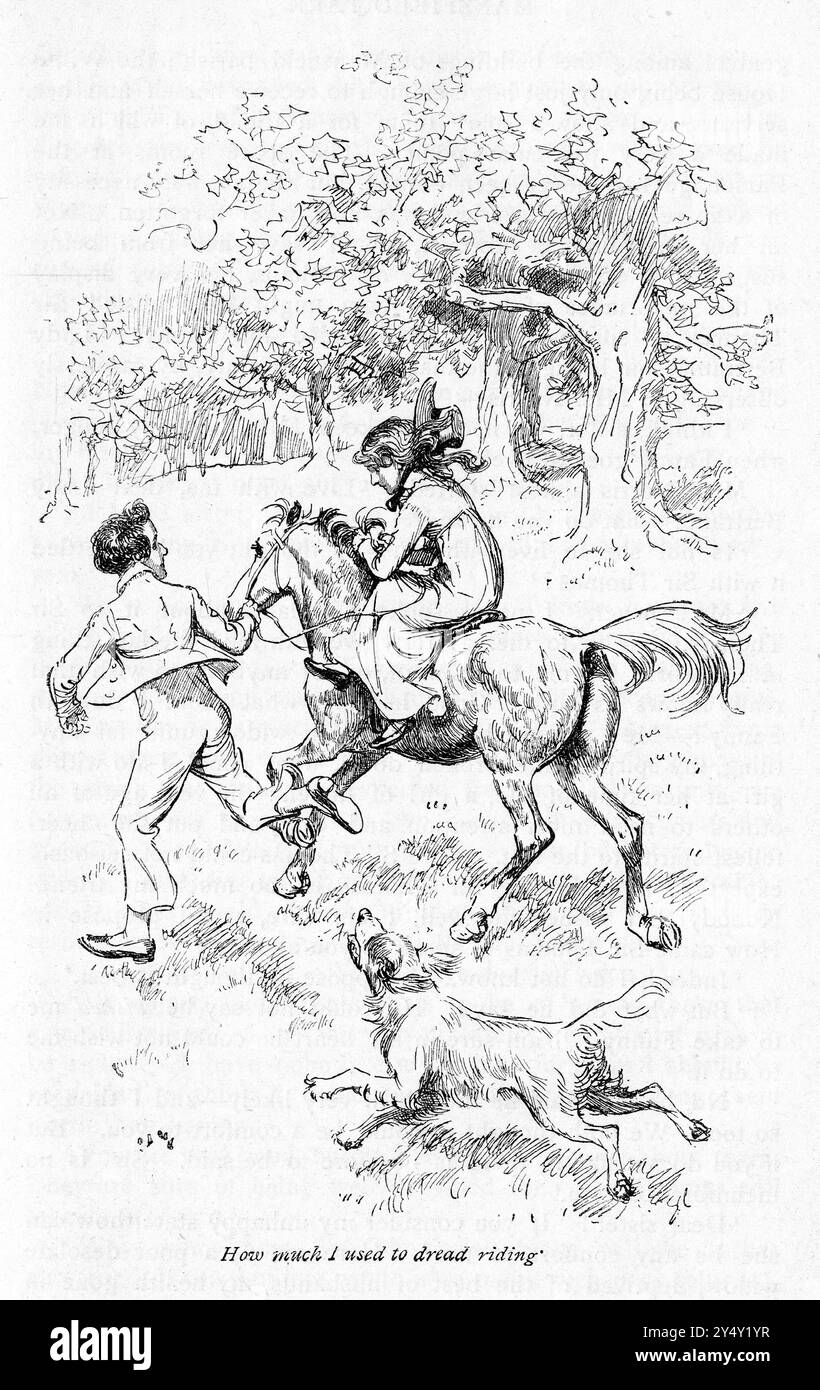 Gravure d'une scène du livre Mansfield Park de Jane Austen, édition 1926, illustrée par Hugh Thomson, montrant combien j'avais l'habitude de redouter l'équitation Banque D'Images