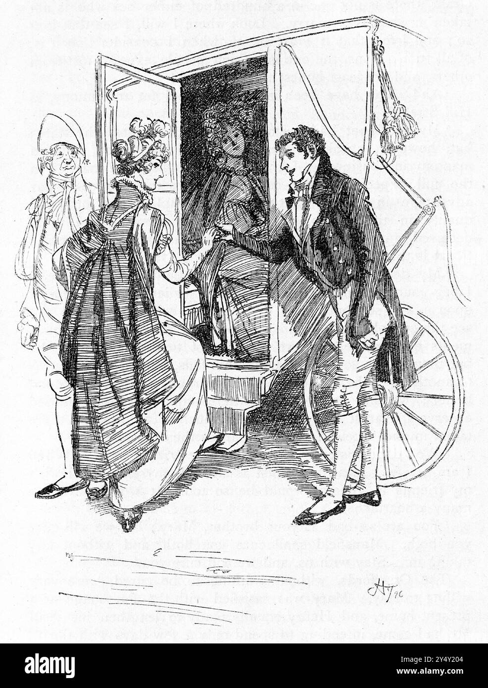 Gravure d'un gentleman aidant les dames dans leur calèche, publiée en 1926 Banque D'Images
