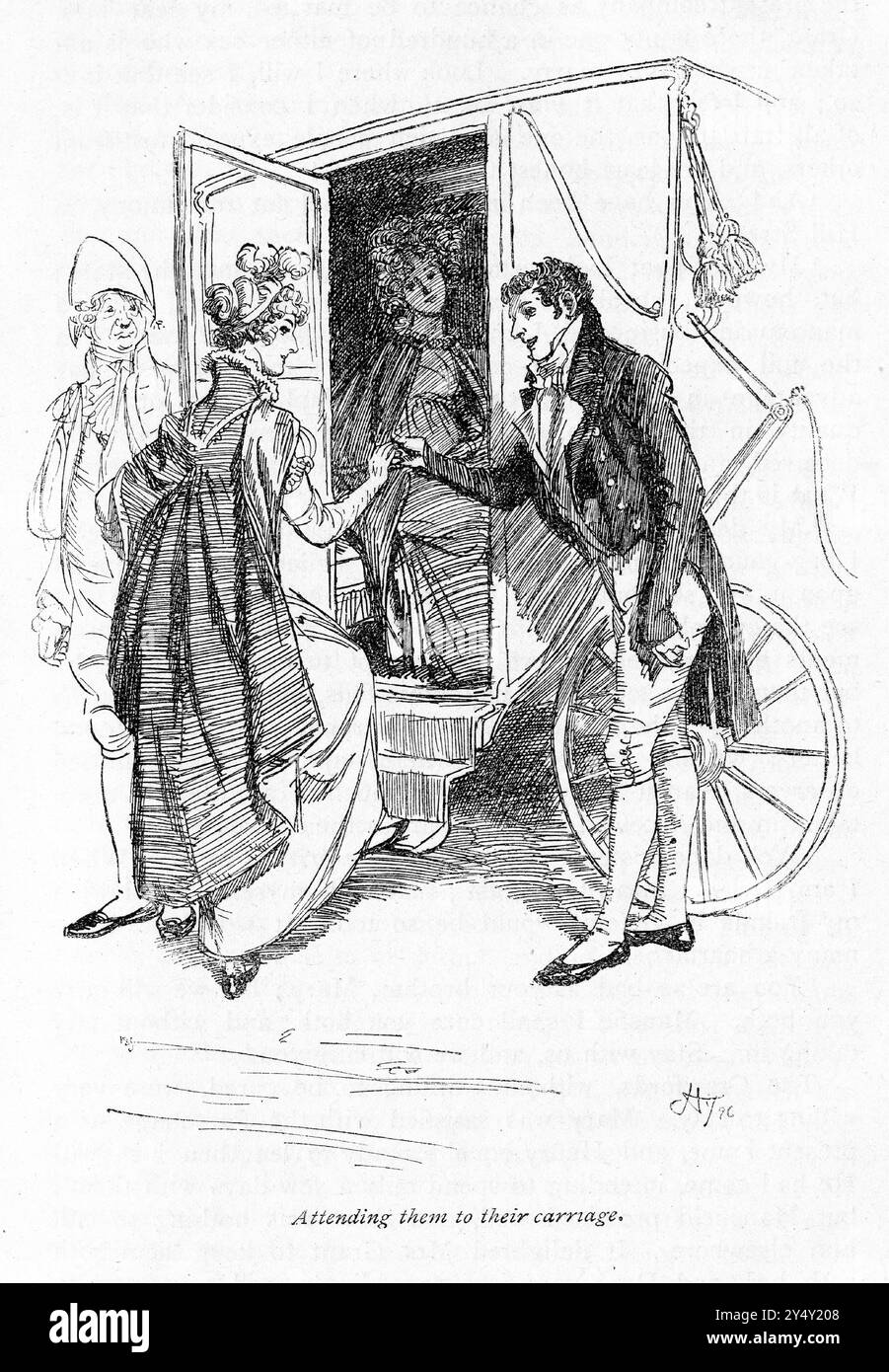 Gravure d'une scène du livre Mansfield Park de Jane Austen, édition 1926, illustrée par Hugh Thomson, montrant un gentleman aidant quelques dames à leur calèche Banque D'Images